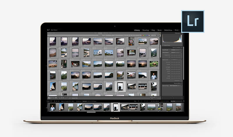Imagen de un ordenador con fotos procesadas con Lightroom Classic.